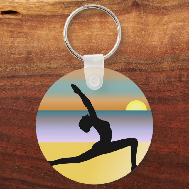 Beach Yoga Woman Posing Silhouette Round Key Chain (Front)
