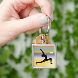 Beach Yoga Woman Silhouette Premium Square Keyring