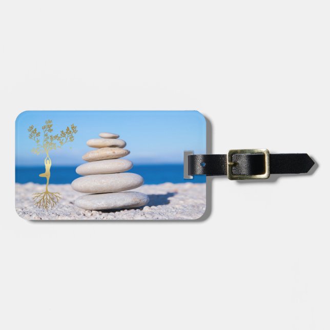 Beach, Zen Stones,Gold Tree Silhouette Luggage Tag (Front Horizontal)