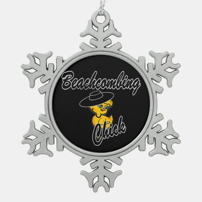 Beachcombing Chick #4 Snowflake Pewter Christmas Ornament (Front)