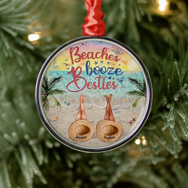 Beaches Booze Besties Personalised Metal Ornament (Tree)