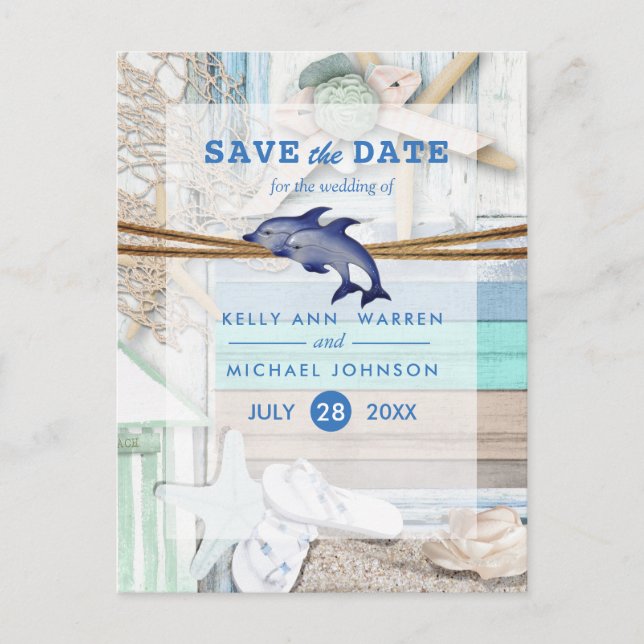 Beachfront Dolphin Wedding - Save the Date Announcement Postcard (Front)