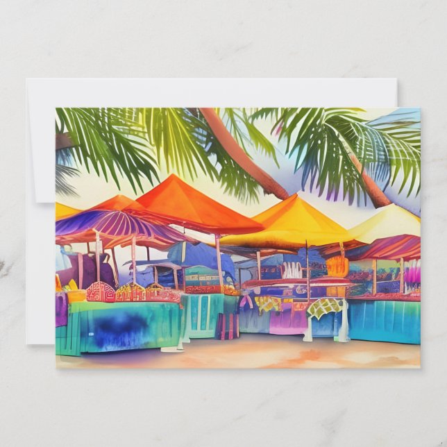 Beachfront Market Stalls Watercolor Greeting Card (Front)