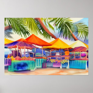Beachfront Market Stalls Watercolor Poster