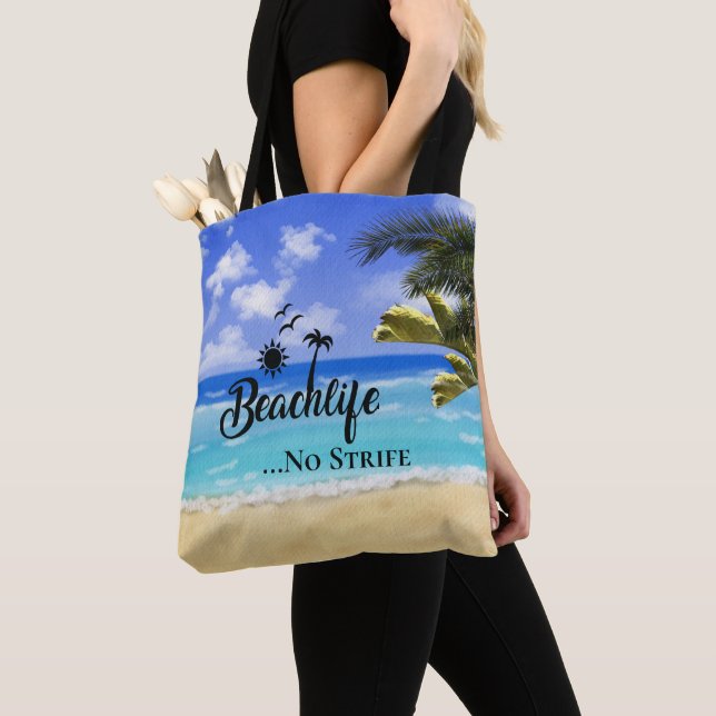 Beachlife No Strife quote summer palm tree water Tote Bag (Close Up)