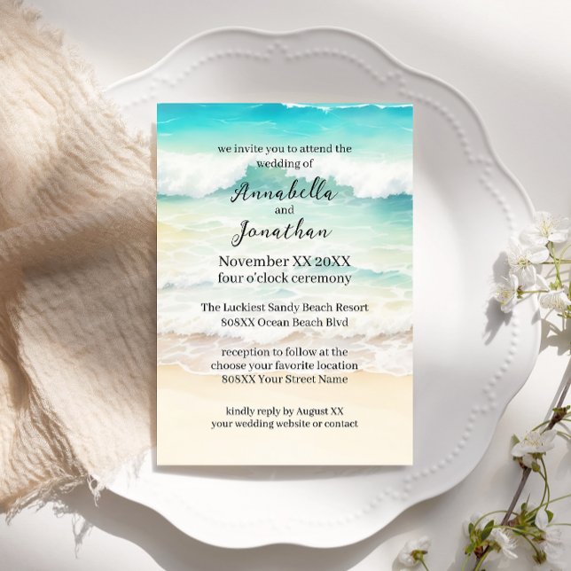 Beachscape Waves on a Sandy Beach Wedding Invitation (Creator Uploaded)