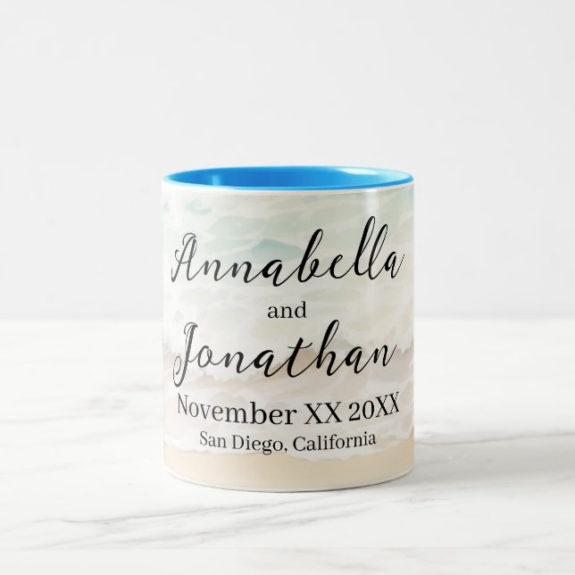 Beachscape Waves on a Sandy Beach Wedding Two-Tone Coffee Mug (Center)