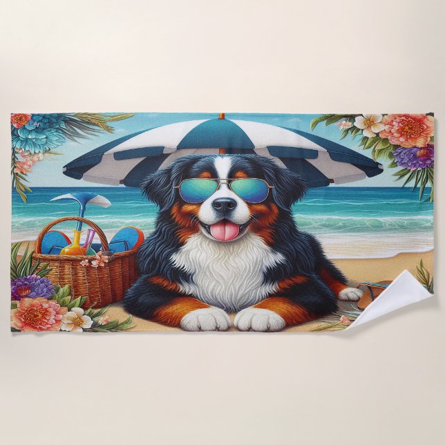 Beachside Bernese Bliss: Cool Dog with Sunglasses Beach Towel (Front)