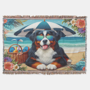 Beachside Bernese Bliss: Cool Dog with Sunglasses Throw Blanket