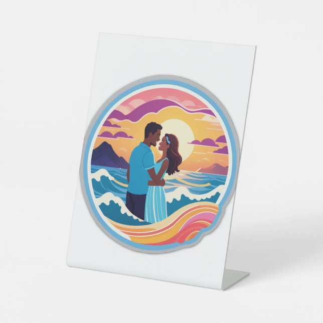 Beachside Sunset Wedding Invitation  Pedestal Sign (Front)