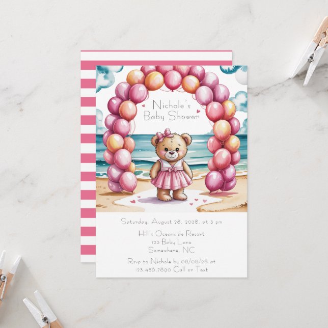 Beachside Teddy Bear Balloon Girl Baby Shower  Invitation (Front/Back In Situ)