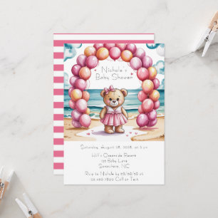 Beachside Teddy Bear Balloon Girl Baby Shower Invitation