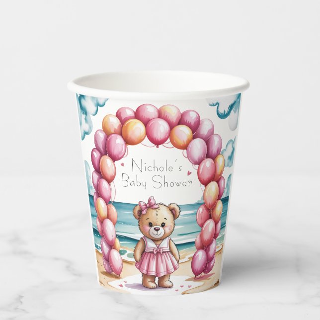 Beachside Teddy Bear Balloon Girl Baby Shower Paper Cups (Front)