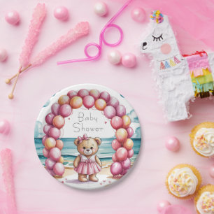 Beachside Teddy Bear Balloon Girl Baby Shower Paper Plate
