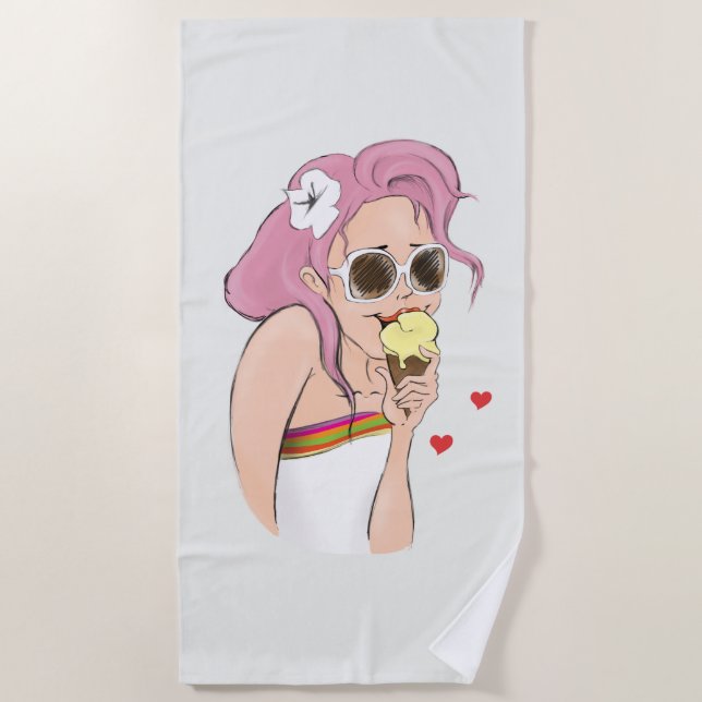 Beachtowel Fashion Illustration Girl Summer Ice Beach Towel (Front)