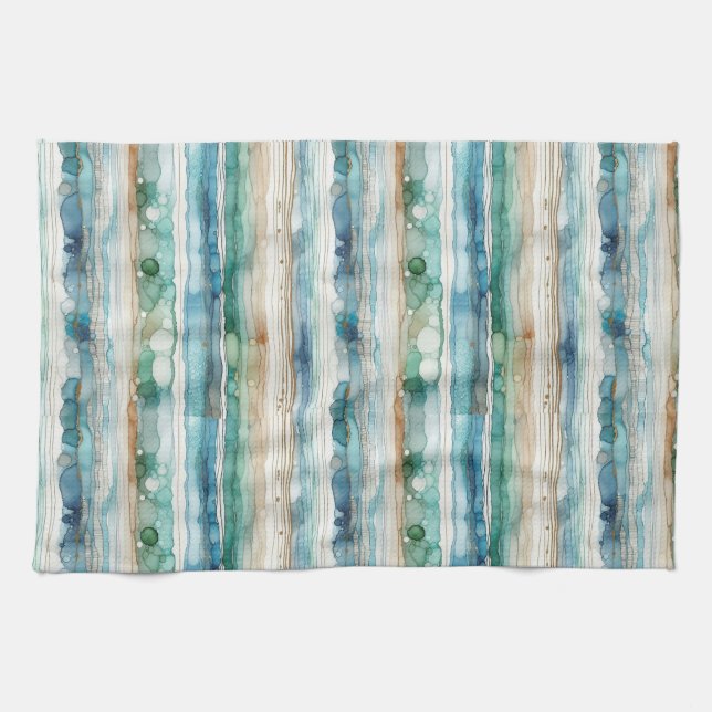 Beachy abstract, alcohol ink stripes tea towel (Horizontal)
