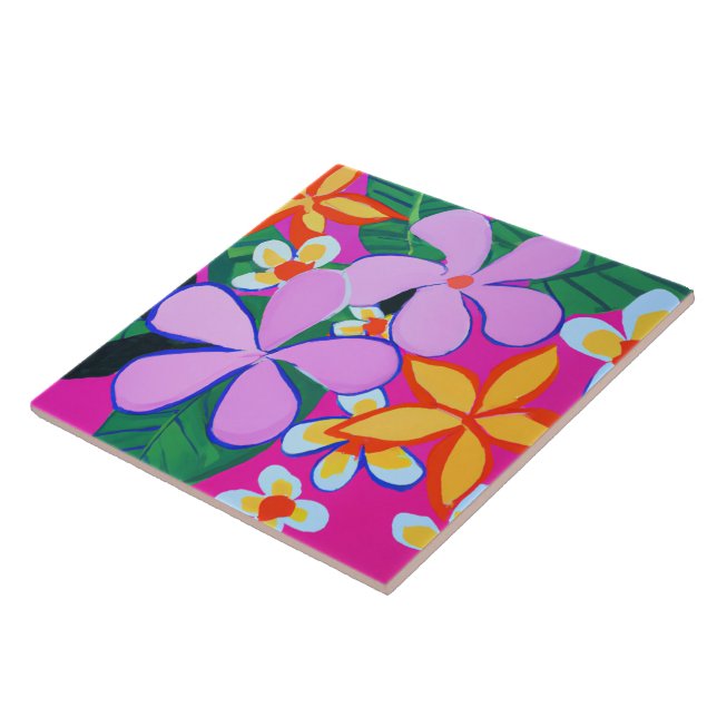 Beachy and modern tropical flowers on pink tile (Side)