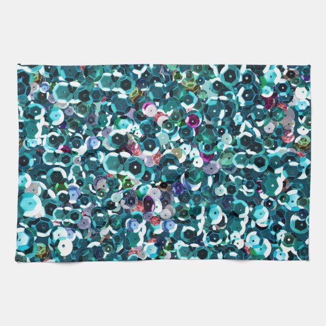 Beachy Aqua Blue Faux Sequins Tea Towel (Horizontal)
