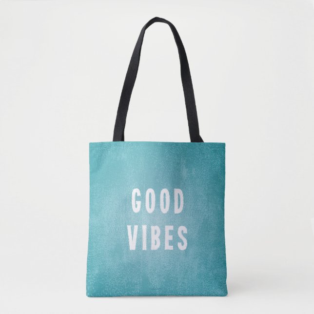 Beachy Aqua Blue/Green Distressed Print Good Vibes Tote Bag (Front)