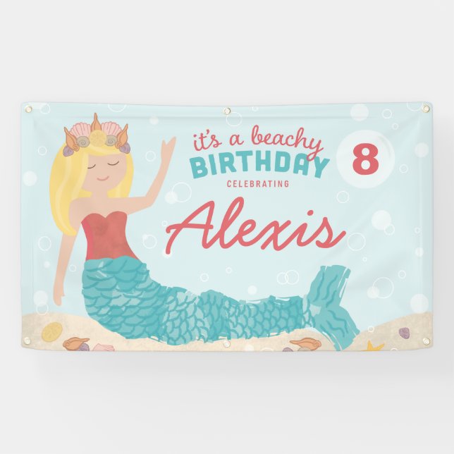 Beachy Birthday Mermaid Peach Teal Banner (Horizontal)