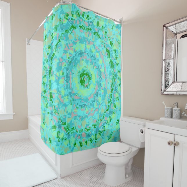 Beachy Blue and Green Abstract Shower Curtain (In Situ)