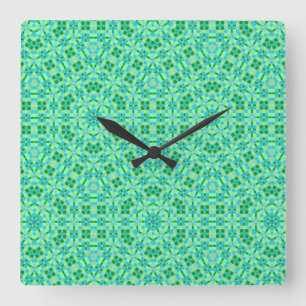 Beachy Blue and Green Mosaics Square Wall Clock