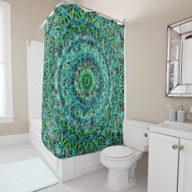 Beachy Blue and Green Spiderweb Shower Curtain (In Situ)