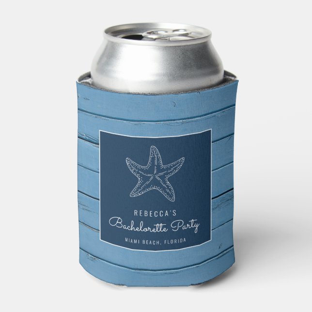 Beachy Blue Starfish Bachelorette Party Can Cooler (Can Front)