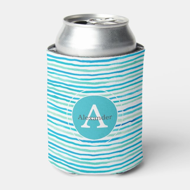 Beachy Blue Stripes Monogram Personalised Can Cooler (Can Front)