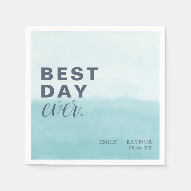 Beachy Blues Watercolor Best Day Ever Wedding Napkin (Front)