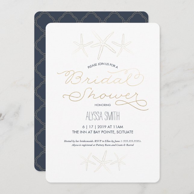Beachy Bridal Shower Invitation - Starfish, Gold (Front/Back)