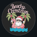 Beachy Christmas Tropical Vacation Santa Beach  Classic Round Sticker<br><div class="desc">Beachy ChristmasTropical Vacation Santa Beach Lover Gift</div>