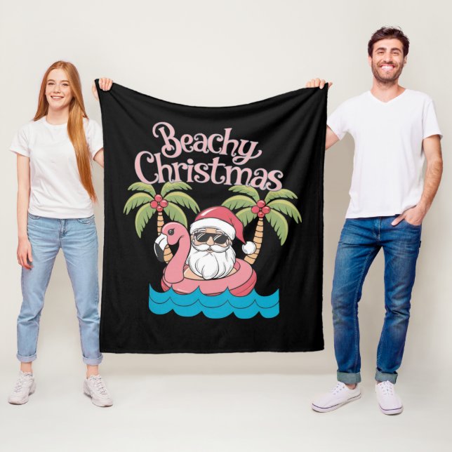 Beachy Christmas Tropical Vacation Santa Beach  Fleece Blanket (In Situ)