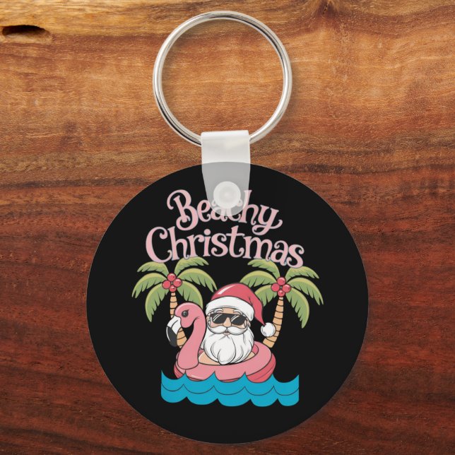 Beachy Christmas Tropical Vacation Santa Beach  Key Ring (Front)