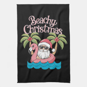 Beachy Christmas Tropical Vacation Santa Beach Tea Towel