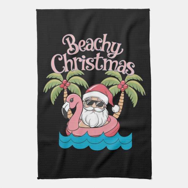 Beachy Christmas Tropical Vacation Santa Beach  Tea Towel (Vertical)