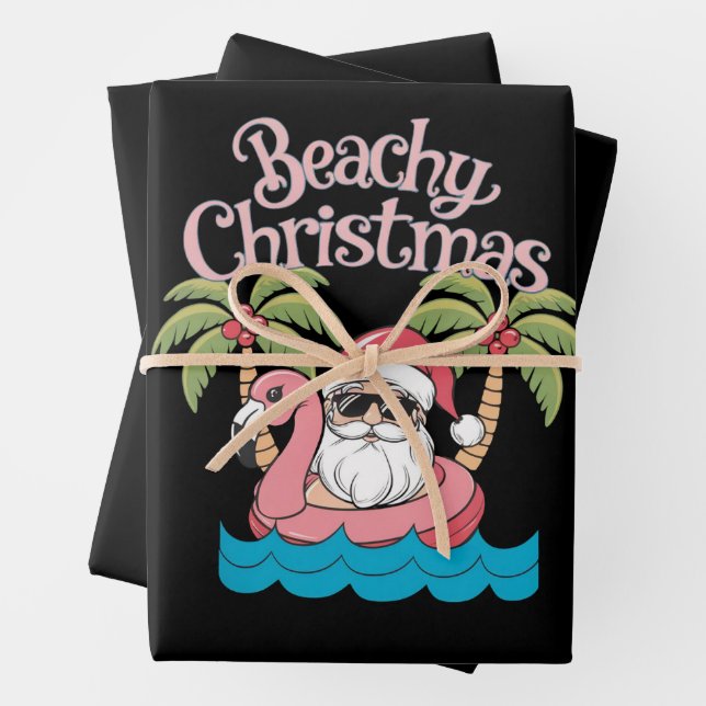 Beachy Christmas Tropical Vacation Santa Beach  Wrapping Paper Sheet (In situ)
