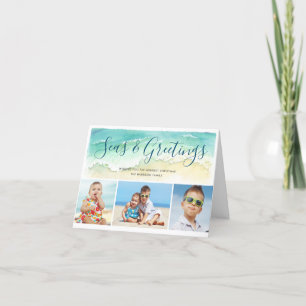 Beachy Coastal Blue 3-Photo Seas & Greetings Holiday Card