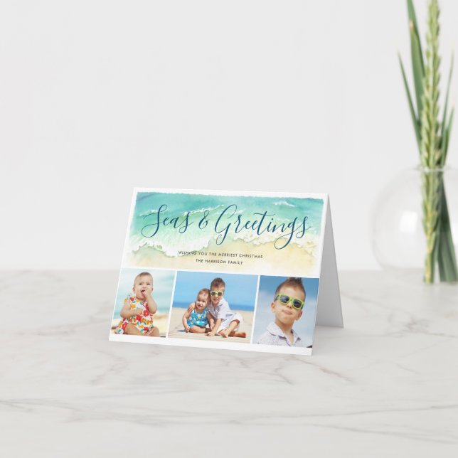 Beachy Coastal Blue 3-Photo Seas & Greetings Holiday Card (Front)