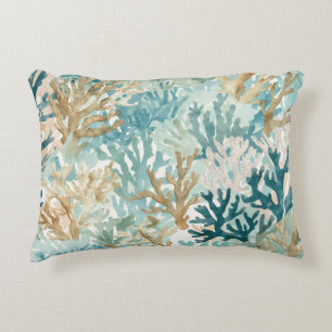 Beachy Coral Reef Teal Green Blue Watercolors Decorative Cushion