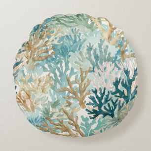 Beachy Coral Reef Teal Green Blue Watercolors Round Cushion