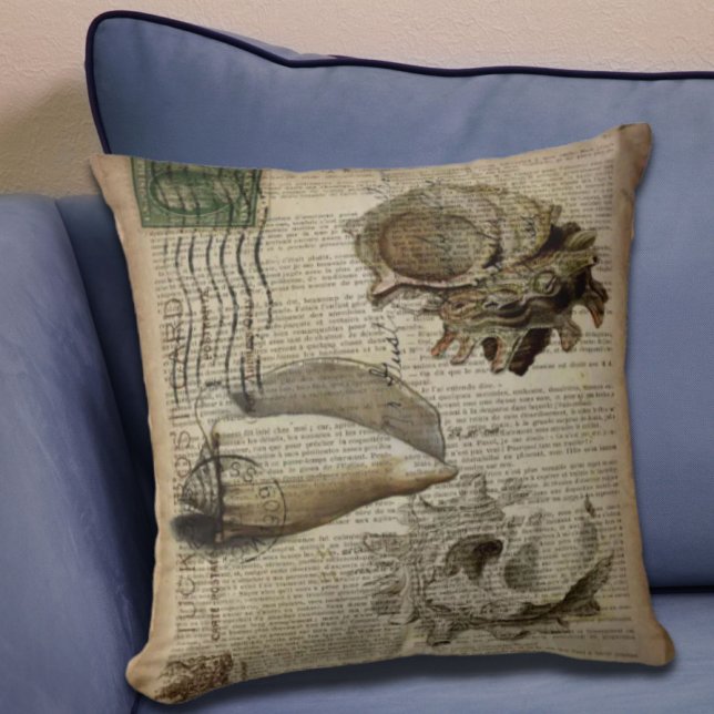 beachy dictionary print modern vintage seashell cushion (beachy dictionary print modern vintage seashell throw pillow)