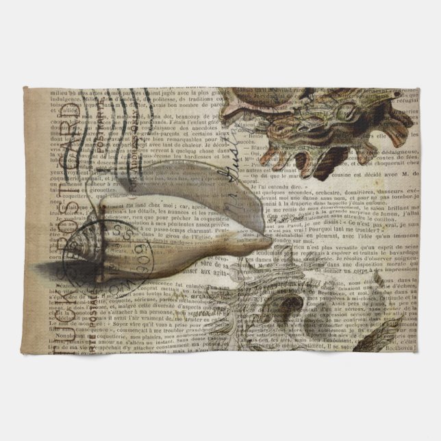 beachy dictionary print modern vintage seashell tea towel (Horizontal)