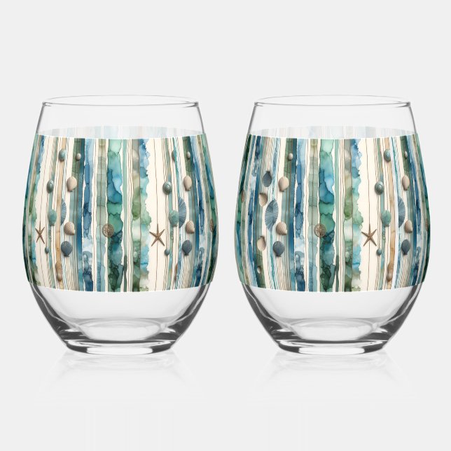 Beachy glassware, ocean themed  stemless wine glass (Front)