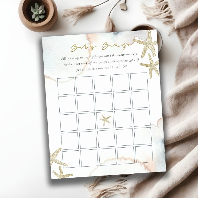 Beachy Gold Dusky Blue Starfish Bingo Baby Shower (Creator Uploaded)