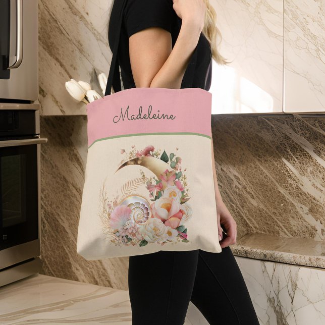 Beachy Moon Flowers and Nautilus Shell Monogram Tote Bag (Creator Uploaded)