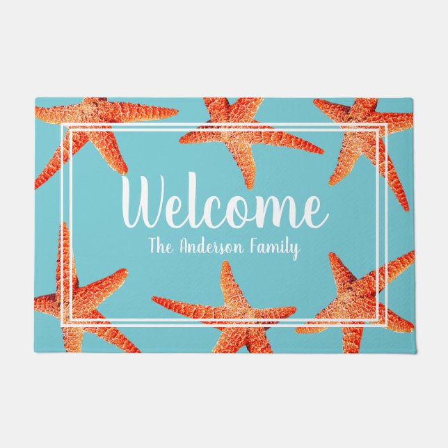 Beachy Nautical Red Starfish Welcome & Family Name Doormat (Front)