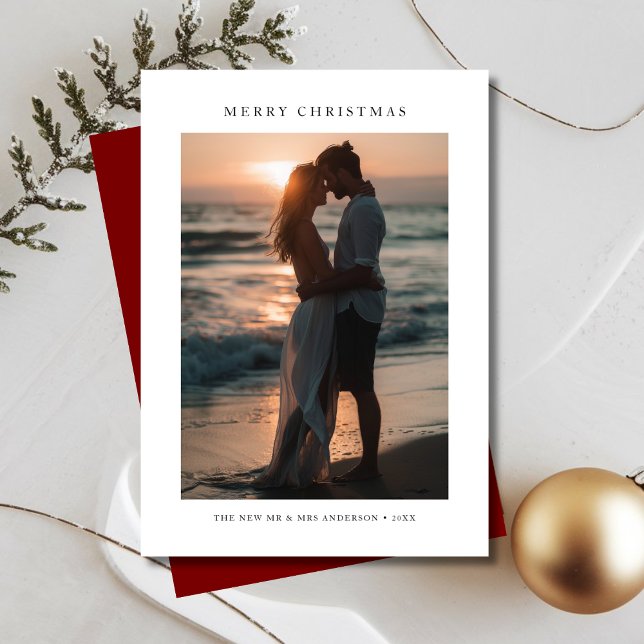 Beachy Newlywed Christmas Tropical Sunset Photo Holiday Card (Creator Uploaded)