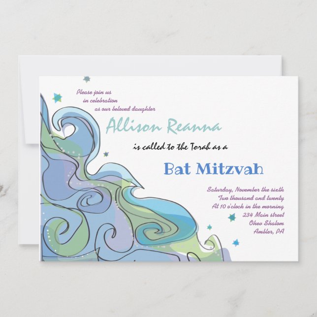 Beachy Ocean Wave Bar Bat Mitzvah Invitation (Front)