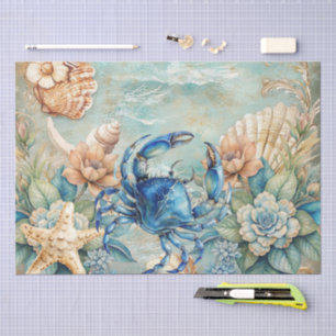 Beachy Pastel  Blue Crab & Shells Decoupage  Tissue Paper